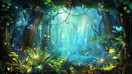 A captivating glass painting depicting a mystical forest illuminated by the soft glow of fireflies, the enchanting scene alive with vibrant foliage