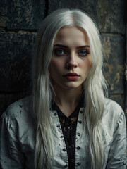Fototapeta premium Mysterious Woman with Silver Hair in Vintage Dress Standing Against Weathered Wall