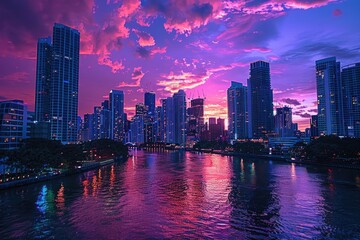 a city skyline with a purple sky