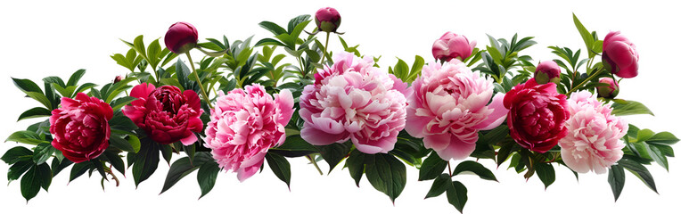 Pink peony flowers, white apple or cherry flowers Blossoms Botanical Delights on white background

