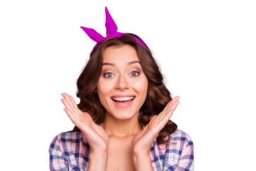 Close-up portrait of nice stunned wondered cheery sweet lovely adorable pretty lady wearing head band clapping palms isolated over violet pastel background