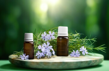 Homeopathy and herbal medical concept, glass bottles