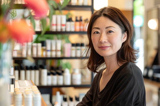 An elegant Japanese-American woman with a deep understanding of skincare and cosmetics, gracefully assisting customers in selecting products tailored to their individual needs and preferences.