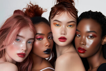 Obraz premium Portrait of four diverse women with different makeup styles, showcasing beauty and diversity. Each woman has unique makeup emphasizing their distinct features