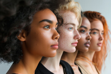 Obraz premium Four diverse women standing in profile looking ahead with serious expressions. Studio portrait for fashion and print design