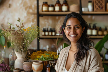 An Indian woman entrepreneur harnessing the power of Ayurveda in her natural cosmetic formulations, combining ancient wisdom with modern science to create products that promote balance, harmony, and