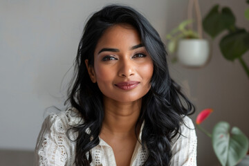 An Indian woman entrepreneur revolutionizing the cosmetics industry with her innovative products and inclusive marketing campaigns, empowering women of all skin tones to feel beautiful and confident.