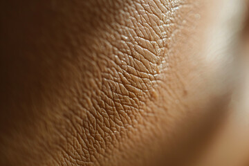 Fototapeta premium Close-up macro shot of human skin, highlighting the intricate texture and natural patterns. The image focuses on the detailed structure of the epidermis