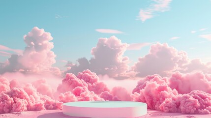 Background podium pink 3d product sky platform display cloud pastel stand. Pink podium stage abstract background dreamy space studio pedestal smoke