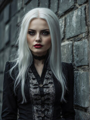 Obraz premium Mysterious Woman with Silver Hair in Vintage Dress Standing Against Weathered Wall