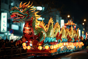 Fototapeta premium Decorated floats parading through city streets during Lunar New Year celebrations, each one representing a unique aspect of traditional culture and symbolizing hopes and aspirations for the year ahead