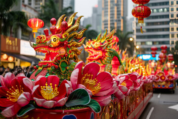Fototapeta premium Decorated floats parading through city streets during Lunar New Year celebrations, each one representing a unique aspect of traditional culture and symbolizing hopes and aspirations for the year ahead