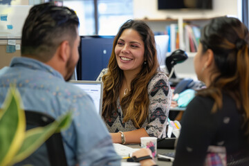 Fototapeta premium Hispanic woman manager mentoring team members in startup office.