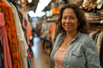 Fototapeta premium In the clothing store, a dedicated Latino saleswoman provides exemplary customer service with a genuine smile. She effortlessly navigates through racks of clothes, helping customers find the perfect