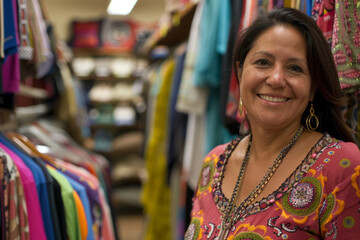 Obraz premium In the clothing store, a knowledgeable Hispanic saleswoman offers personalized assistance to every customer she encounters. Her genuine passion for fashion shines through as she helps shoppers explore