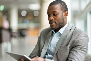 In the corporate setting, a young modern business man utilizes a digital tablet to streamline his workflow while seated in the office. With a blend of professionalism and adaptability, he embraces the