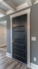 a modern farmhouse interior design house, adorned with single panel black interior doors, accented by gold hardware, and featuring modern lines, white door trim, and white baseboards.