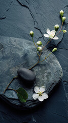 Fashion podium with natural dark stones and and branch with white cherry blossoms. Product presentation. Beautiful background from natural materials, top view.