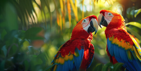 Couple of ara parrots in love in the jungle, banner with copy space 