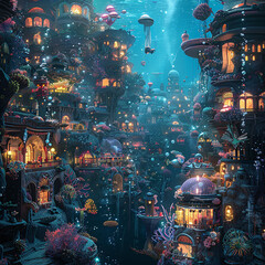 Bustling Underwater Metropolis: Anthropomorphic Sea Creatures Amid Coral Reefs and Bioluminescent Plants