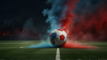  textured soccer game field - center, midfield and ball in center with red and blue smoke,...