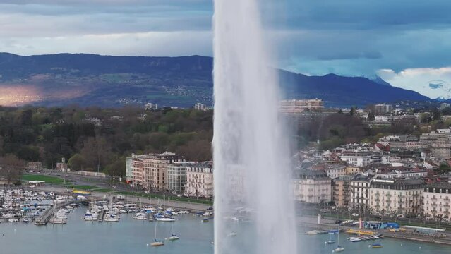 Aerial video over Lake Geneva and the Grand Fountain, Europe