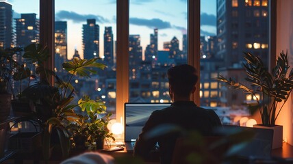 Obraz premium Remote Work at Night with Cityscape View and Indoor Plants, Illuminated Workspace
