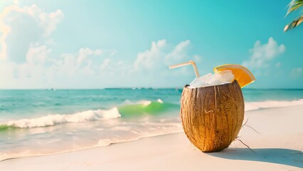 A fresh coconut with a straw and lemon slice sits on a sandy tropical beach, with the ocean and blue sky in the background. - Powered by Adobe