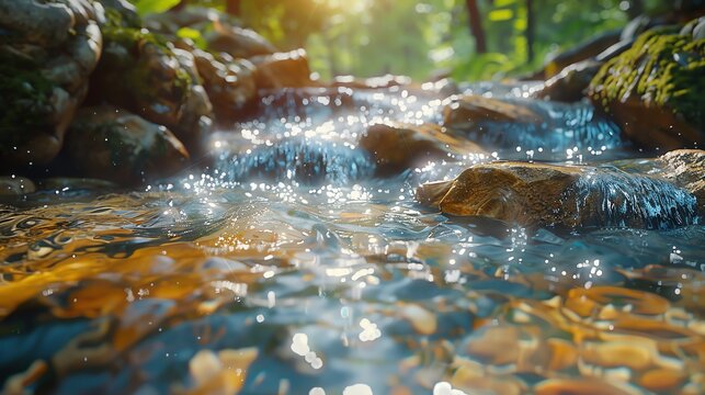 View an extremely detailed close up picture of a creek flowing over smooth rocks in the middle of a lush green forest