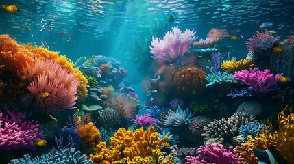 Intricate cluster of coral reefs teeming with colorful marine life, creating a vibrant underwater ecosystem.