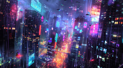 Cyberpunk-inspired digital illustration featuring a dystopian cityscape where reality and virtuality merge
