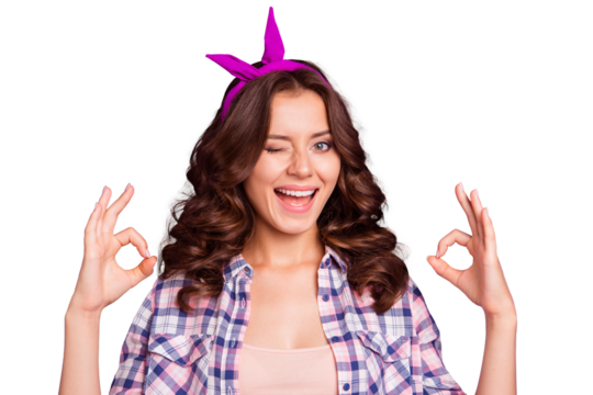 Close-up portrait of nice cheerful positive girlish childish sweet lovely adorable attractive lady wearing head band showing double ok-sign isolated over violet pastel background