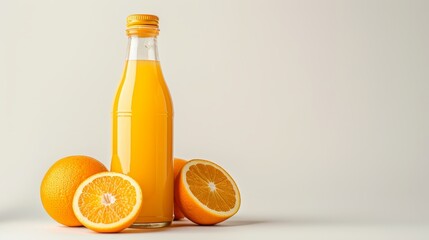 Isolated bottle of freshly squeezed orange juice, white background with studio lighting, perfect for advertising campaigns, showcasing natural freshness