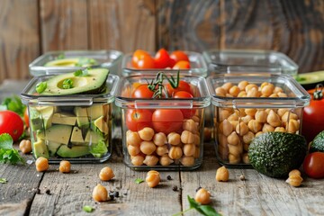 Naklejka premium Glass food storage containers with healthy ingredients - chickpeas, avocado and tomato on a wooden table