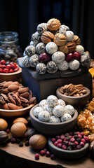 Assortment of nuts, dried fruits and chocolate-covered nuts.