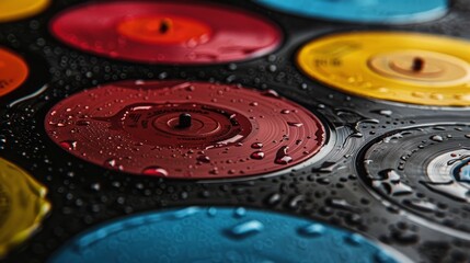 Eye-catching vinyl records in various colors with water droplets, close-up, isolated background, studio lighting for crisp advertising detail