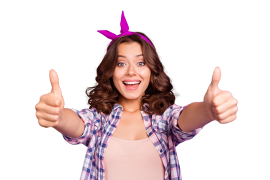 Portrait of nice cheerful optimistic lovely attractive adorable pretty lady wearing head band showing giving double thumbs-up isolated over violet pastel background