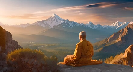 A sage meditating at sunrise, golden sky clouds, with majestic mountains in the background. This scene is captured in a wide shot, highlighting the vastness and beauty of the landscape