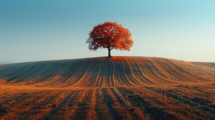 A lone orange tree on a hill with a blue sky in the background.
