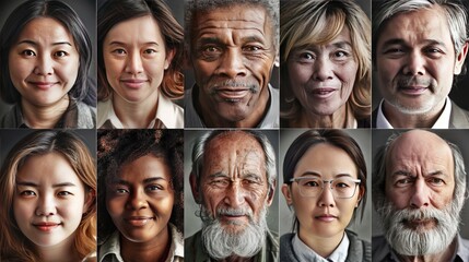 Obraz premium a vibrant photo collage showcasing portraits of multiracial and international individuals from diverse backgrounds, united in their unique stories and experiences.