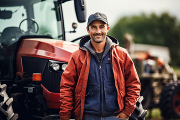 Portrait of confident farmer standing with hands in pockets in front of tractor