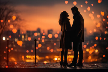 Silhouette of a loving couple on a background of the night city.
