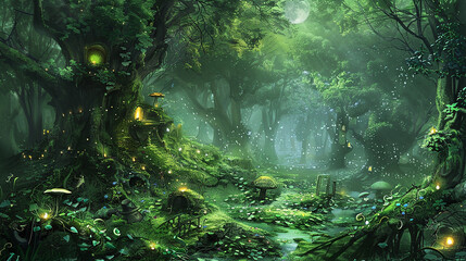 Digital Painting of a Mythical Forest with Sentient Trees and Glowing Mushrooms Illuminating the Moss-Covered Ground