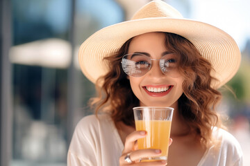 Closeup portrait of beautiful young woman in sunglasses holding glass of water