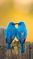 Two blue birds sitting on top of a wooden fence