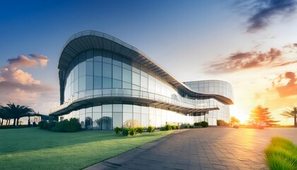 Obraz premium Modern and futuristic building at sunset