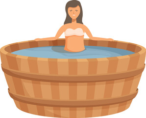 Serene illustration of a woman enjoying a soak in a rustic wooden hot tub