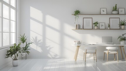 A clean white wall with two desks and chairs, creating an inviting home office space for remote work or study. providing room decoration ideas for spaces.
