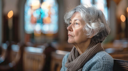 Portrait of a sad mature woman in church. A woman at a funeral ceremony, a widow.