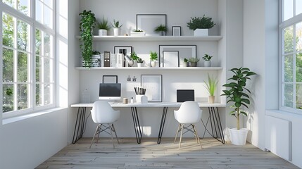 A clean white wall with two desks and chairs, creating an inviting home office space for remote work or study. providing room decoration ideas for spaces.
